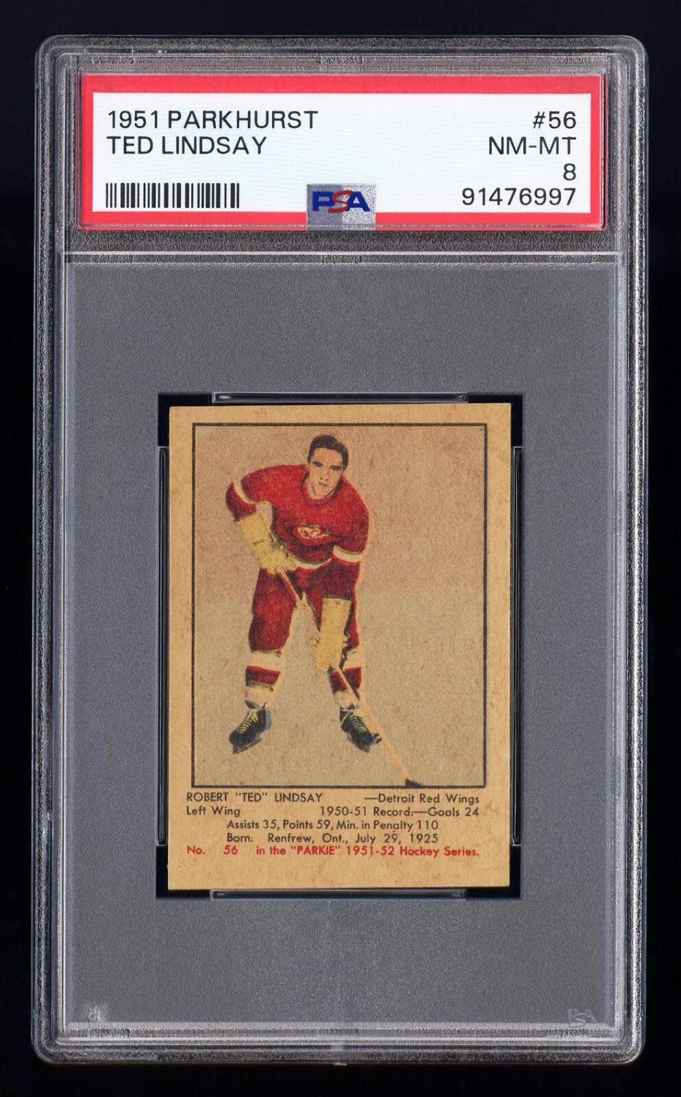 1951 Parkhurst #56 Ted Lindsay (Detroit) HOF Rookie Card PSA 8 Well centered!
