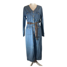 Bill Blass Denim Shirt Dress Belted Button Front Pockets Blue Long Sleeve 8