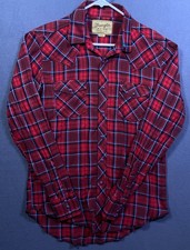 Wrangler Western Red Blue Pearl Snap Shirts Cowboy Rodeo Men's Medium Plaid EUC