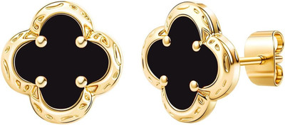 Elegante schwarze Onyx Kleeblatt Ohrstecker, 14K vergoldet vierblättriges Hypoallergein