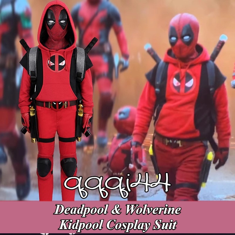 Deadpool & Wolverine Kidpool Cosplay Suit Red Hoodie Costume Full