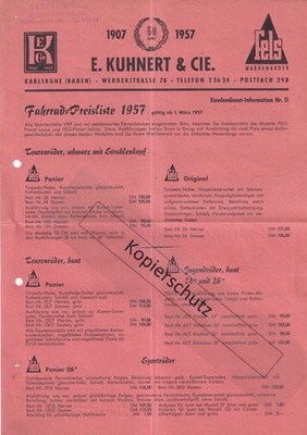 Fahrrad Preisliste E. Kuhnert & Cie. Karlsruhe FELS Markenräder 1957 Typen Preis