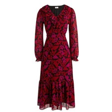 J. Crew Red Floral Ruffle V-Neck Midi Dress BC713 Long Sleeve Size 0