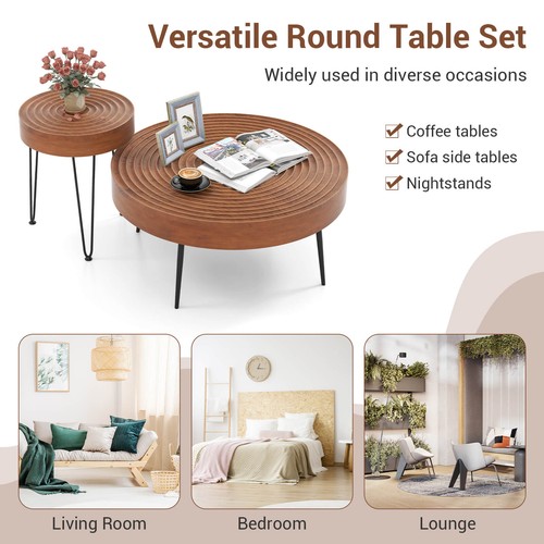 Farmhouse Round CoffeeTable Set of 2 End Table Natural Finish Living Room - Picture 8 of 8