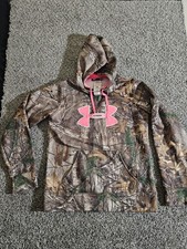 Under Armour Hoodie Womens S Realtree Camo Pink Logo Strings Pullover Sweatshirt
