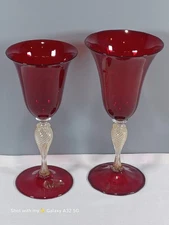 2 Vintage Murano Vetreria Artistica Ruby Red Wine & Water Glasses Goblet Mint