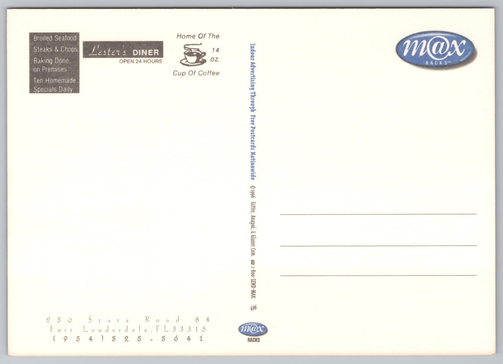 Lester's Diner 1990's Roadside Night View Fort Lauderdale FL Postcard UNP 4x6 