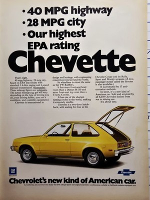 Chevy Chevette Coupe Rally Sport Woody Scooter Economy Car Yellow Print Ad 1975
