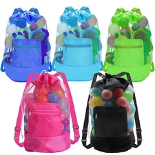 Mesh Beach Bag Drawstring Beach Backpack Foldable Toy Organizer Bags Shell Ba...