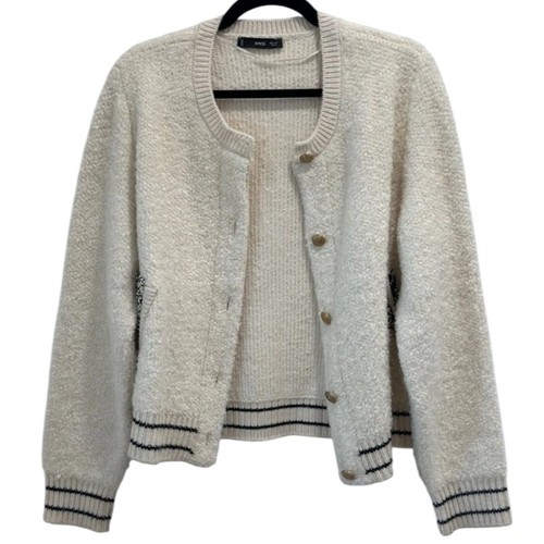 MNG Mango cremefarbene Strickjacke goldene Knöpfe & schwarzer Besatz Größe Medium cropped - Bild 3 von 15