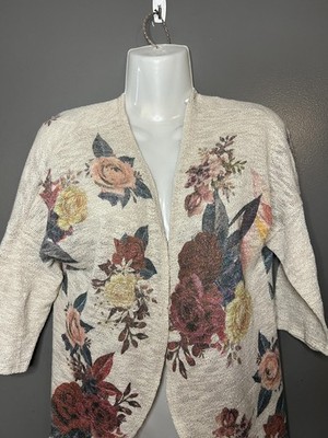 Live In The Moment Cardigan Sweater Womens Small Beige Floral Open Front