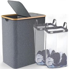 160L Large Laundry Basket Bin With Lid Laundry Hamper 2 Compartment Double Side