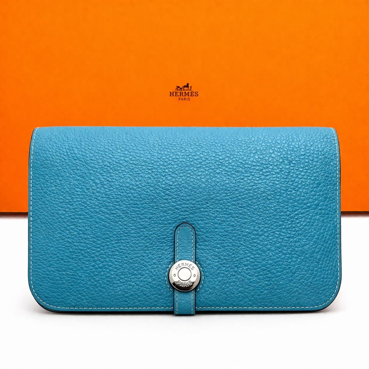 HERMES Dogon Duo GM Blue Jean Silver Hardware Togo Leather Long Wallet Authentic