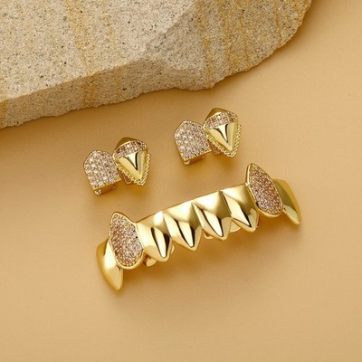 Vampire Fang Grillz Gold Silver Diamond Teeth Jewelry Costume - Main Image