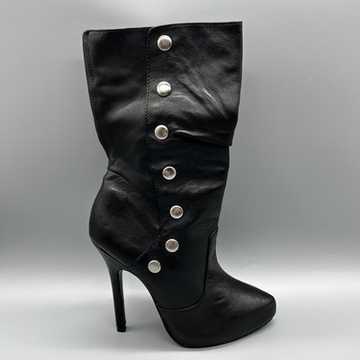 Aldo halbhohe Kalbslederstiefel schwarz silber Druckknöpfe Stilettoabsatz Damen UK 2,5