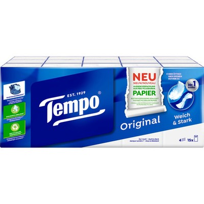 Tempo Taschentücher Klassik, 4-lagig, weiß, 15er Pack 1 bis 40 Stk SPARE 73%
