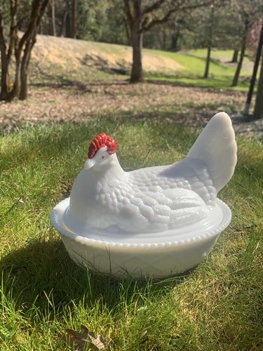 Westmoreland VTG  1940’s Lg Milk Glass Hen on Nest Covered Dish-w/Split Tail