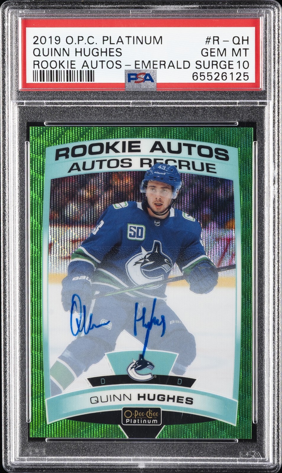 2020 O-PEE-CHEE PLATINUM ROOKIE AUTO EMERALD SURGE QUINN HUGHES 4/10 PSA 10 AUTO