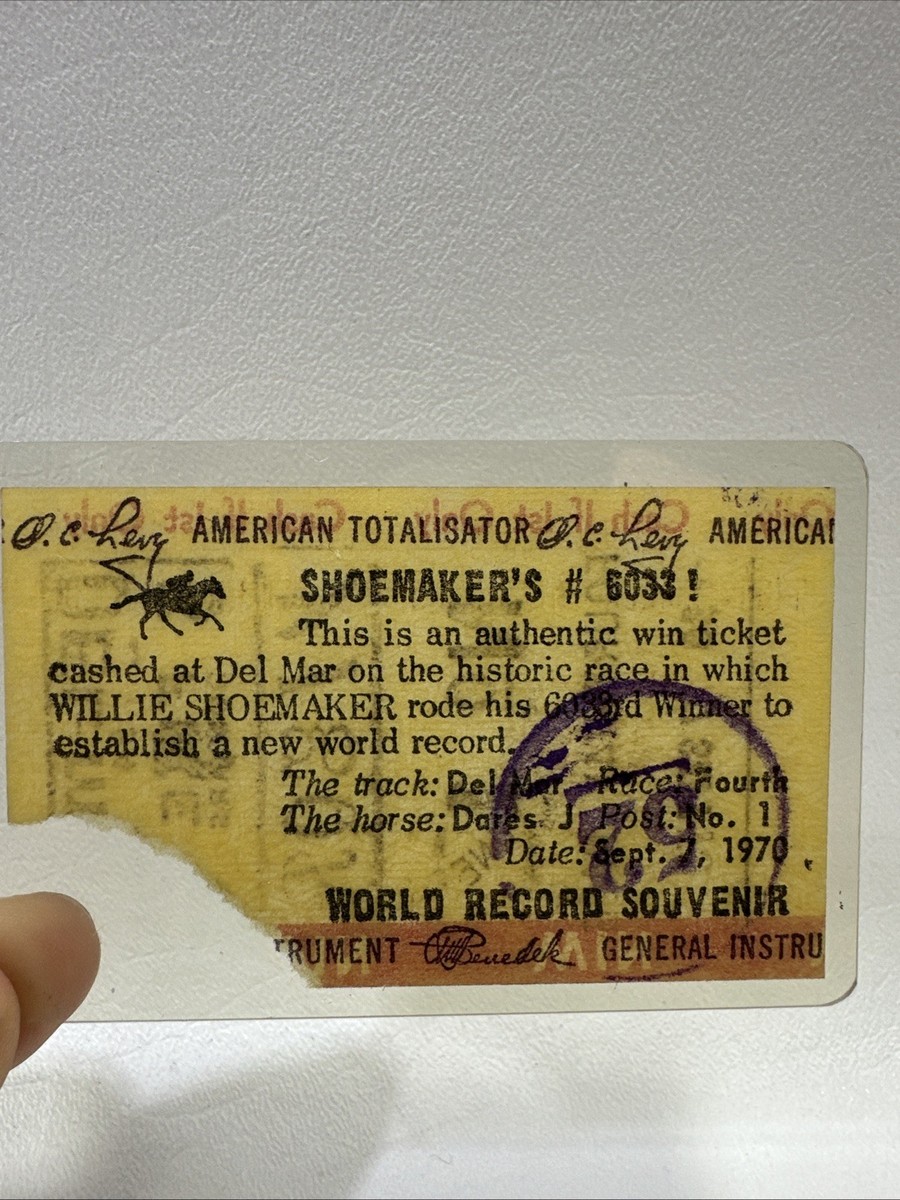 Willie Bill Shoemaker Winning 1970 Ticket Card Horse Racing Del