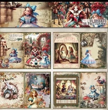 15 Sheets Alice In Wonderland Retro Craft Scrapbooking Paper Junk Journal