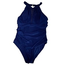Navy Blue Halter One Piece Swimsuit Mesh Plunge Ruched Front Size M