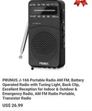 PRUNUS J-166 Portable AM/FM Radio, Black, Headphone Jack, Back Clip