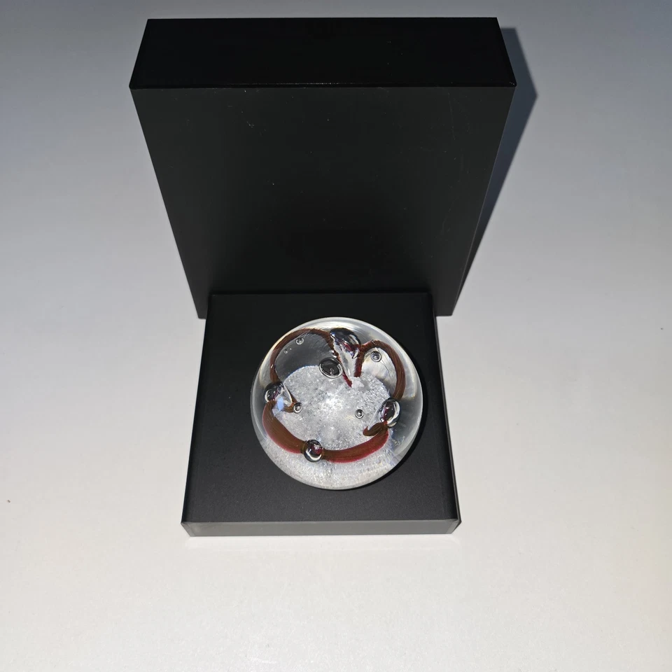 Vintage Signed Adam Jablonski Paperweight Controlled Bubble Red Ribbon Frost - Image 2 of 4