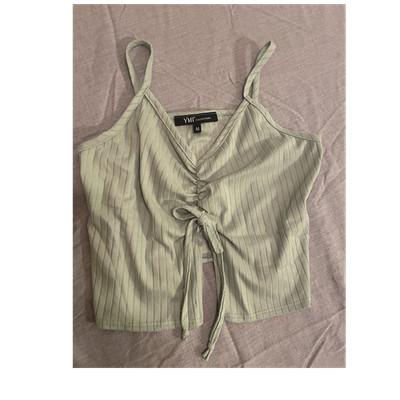 YMI Women s Light Green Striped Knit Tie Front V-Neck Cropped Tank Top Size M