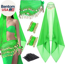 4 Pcs Belly Dance Hip Scarf Sets, Belly Dance Skirt  Head Scarf with Coins, 2 C