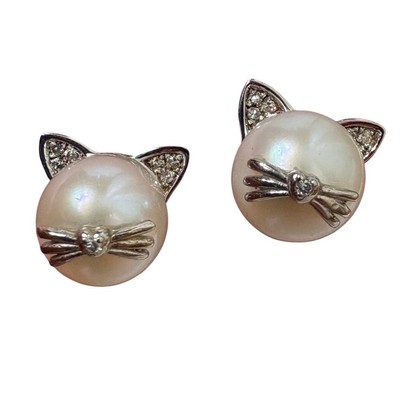 Ross-Simons 8-8.5mm Cultured Pearl Cat Earrings Diamonds in Sterling Silver