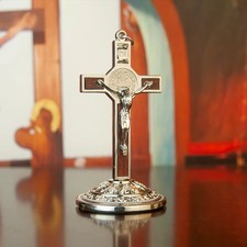 Holy Metalic Jesus Crucifix Table Cross Catholic Cross w Stand Home Desk Decor