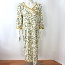 Garnet Hill LG Organic Cotton Shift Midi Mini Full Knee Dress Floral Gold Yellow