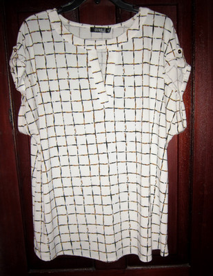Cure Plus Sz 2XL Stretch Top Blouse Shirt Windowpane Print SS White Brown Black
