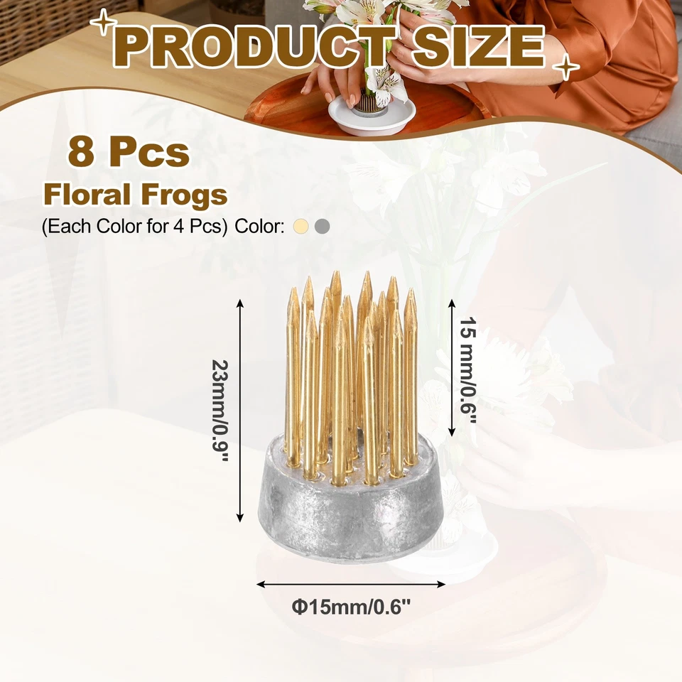 8 Pcs 0.6" Round Brass Floral Frogs Flower Arranger Holder Pin, Brass/Silver - Изображение 2 из 4