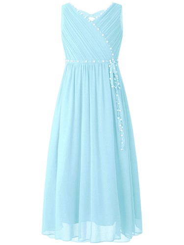 Kids Girls Sundress Sleeveless Ball Gown Wedding Dress V Neck Flower Girl Bow - Picture 74 of 123