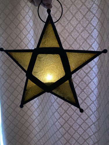 Star Colored Glass Candle Holder Amber Yellow Etched Hanging Lantern10” - Picture 2 of 12