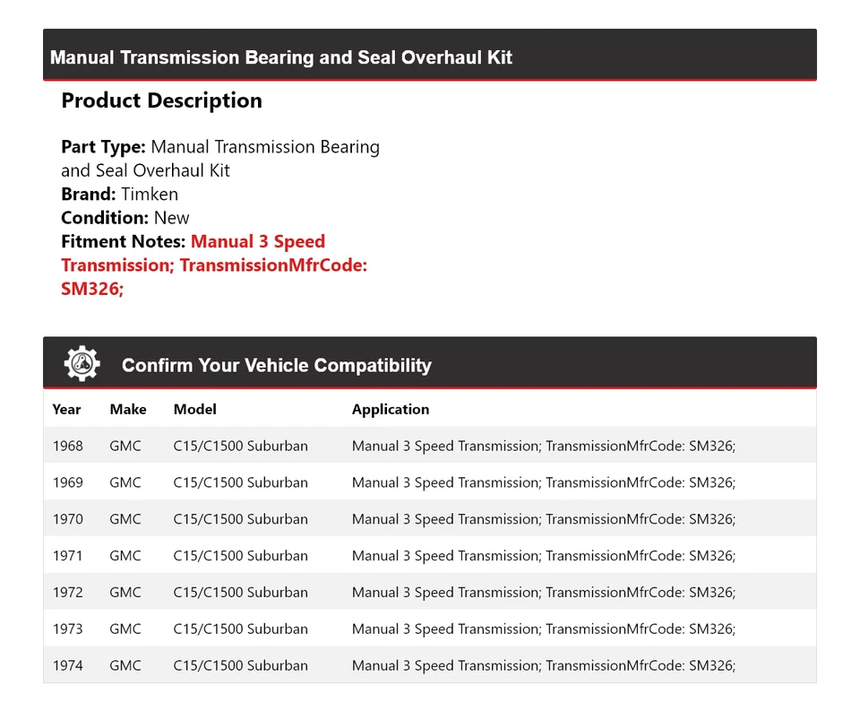 Kit de revisión de sello de rodamiento de transmisión manual suburbano para 68-74 GMC C15/C1500 Ti Foto 2 de 3