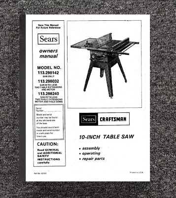 Operators Instruction Maint Owners Manual Craftsman 10'' Table Saw 113.298142