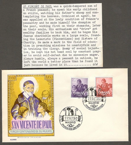 (AOP) Spain #943-44 1960 San Vincente de Paul FDC