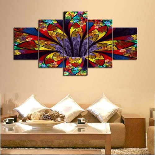 Multi Panel Print Lotus Stained Glass Canvas Flower Cannabis Wall Art 5 Piece - Picture 8 of 11