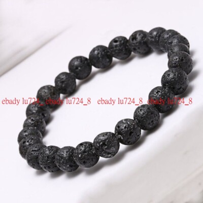 New Natural 8/10/12mm Black Lava Stone Gems Round Beads Stretchy Bracelet 7.5''