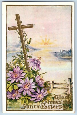 A Hall Signed Postcard Easter Holy Cross Purple Flowers Embossed c1910's Antique