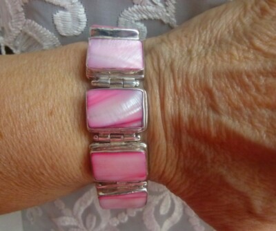 Sterling Silver Raspberry Pink Mother of Pearl Toggle Bracelet 7'' - 9'' Adjust 