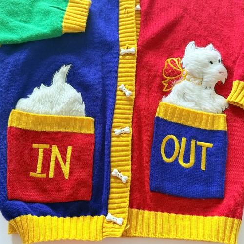 VTG Knitwaves USA Colorful Fuzzy Knit Dog Bone Button Statement Kids Cardigan M - Picture 3 of 8