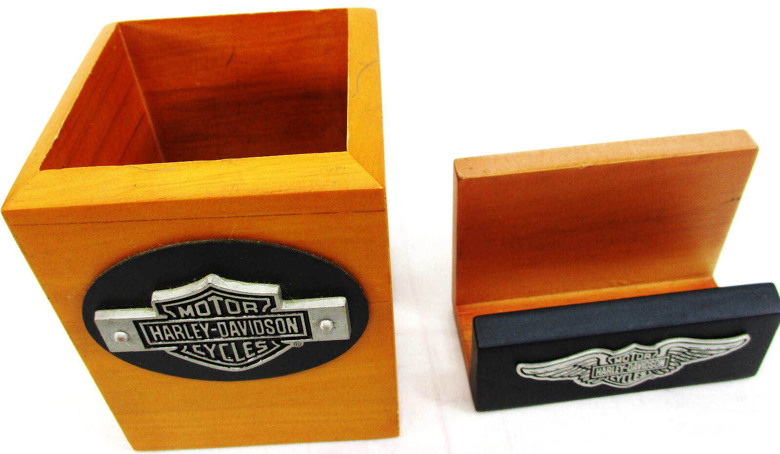 Harley Davidson Wood Desk Set Metal Logo 2000 Brown B… Gem