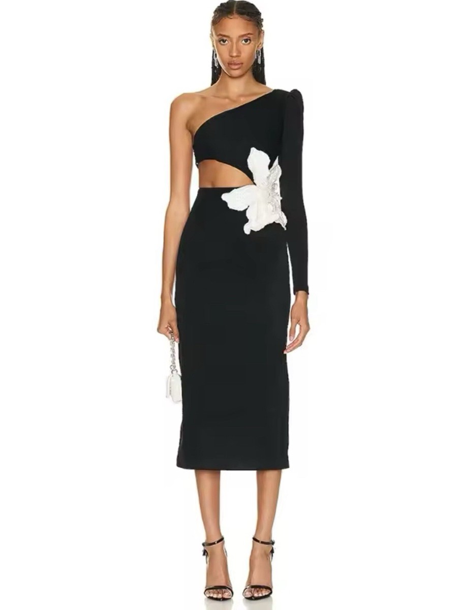 Runway Black Flower Bandage Midi Dress M US 6-8