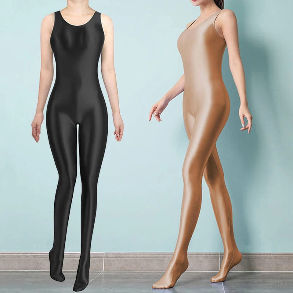 Ärmellos Satin Hochglanz Body Overall Glänzend Bodysuit Einteiler Catsuit Damen - Bild 2 von 4