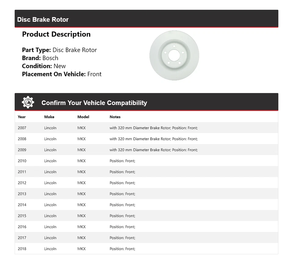 Rotor de freno de disco delantero QuietCast Bosch 2007-2018 Lincoln MKX 2008 2009 2010 Foto 2 de 4