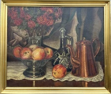 Impressionist Still Life With Flowers Fruit Bowl Copper Jug Carafe Art Nouveau