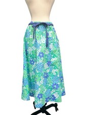 Vintage 1970s Green Blue Floral Cotton Hawaiian Tropical Midi Skirt- Size Medium